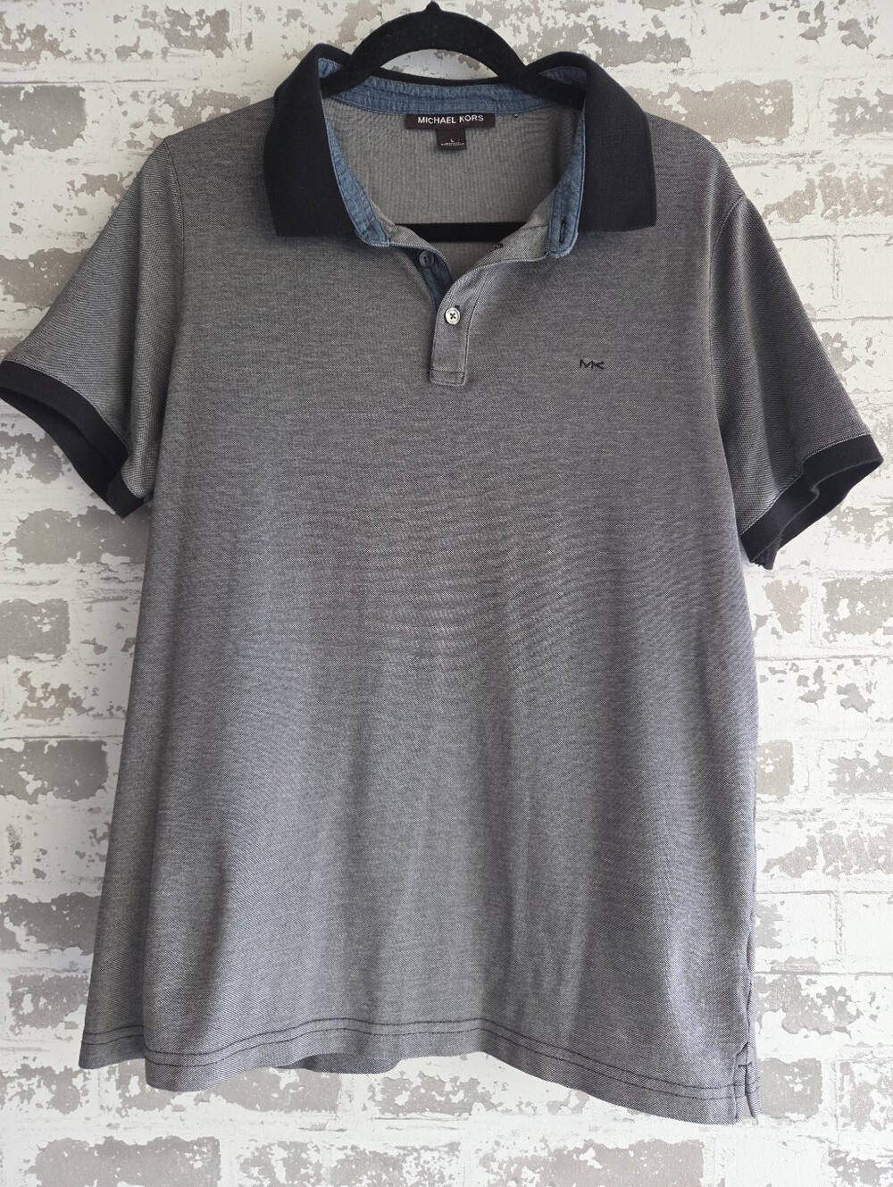 Michael Kors Men's Grey Pique Polo Shirt L Large Denim Trim
